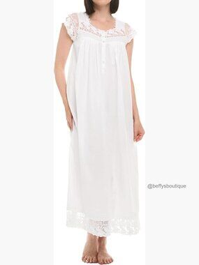 100% Cotton Long Nightgown Button Front Cap Sleeve Lace Trim Lightweight